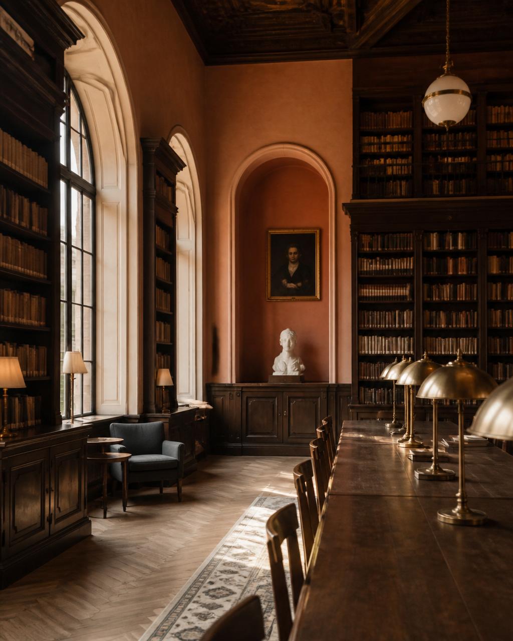 Elegant library interior with warm natural light