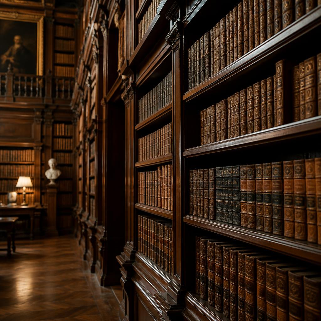 Classical library shelves filled with books